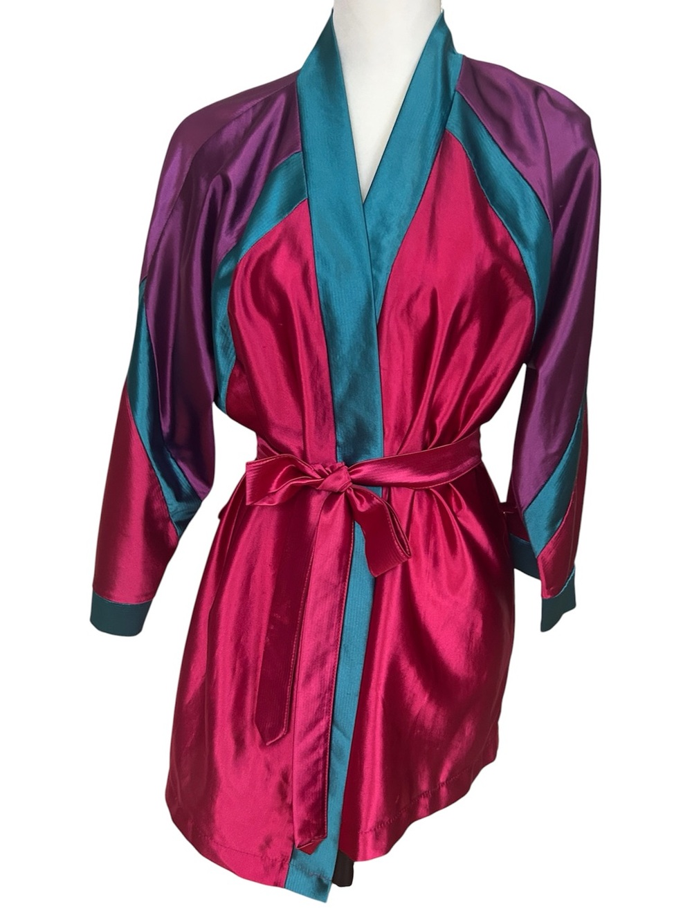 Vintage Satin Two-Tone Fuchsia and Teal Kimono Robe
